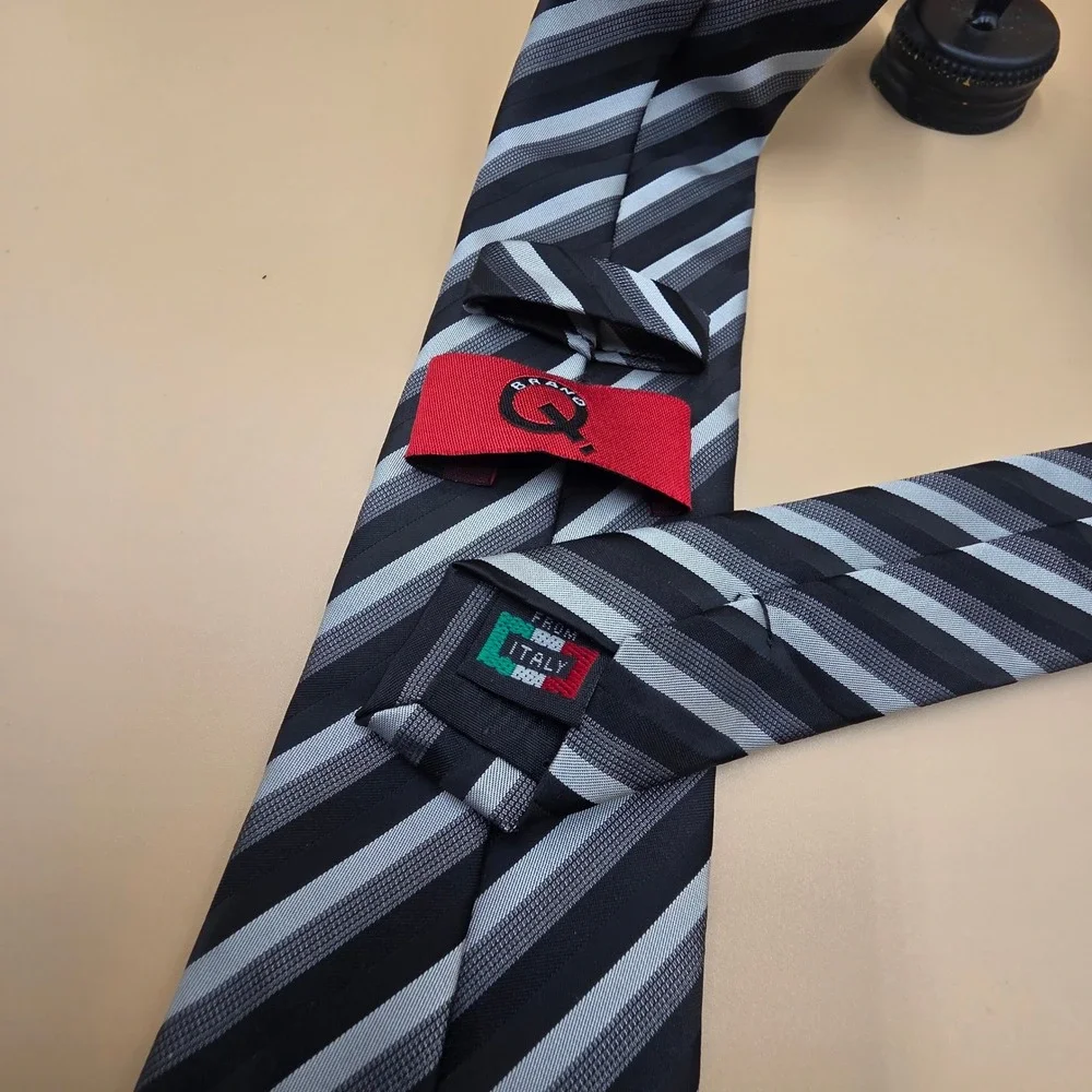 Brano Q Mens Necktie Black Grey Silver Striped Made in Italy Formal Tie
